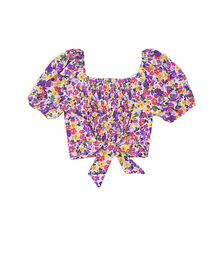 Fine Square Neck Shirred Back With Back Tie Floral Top (Purple)